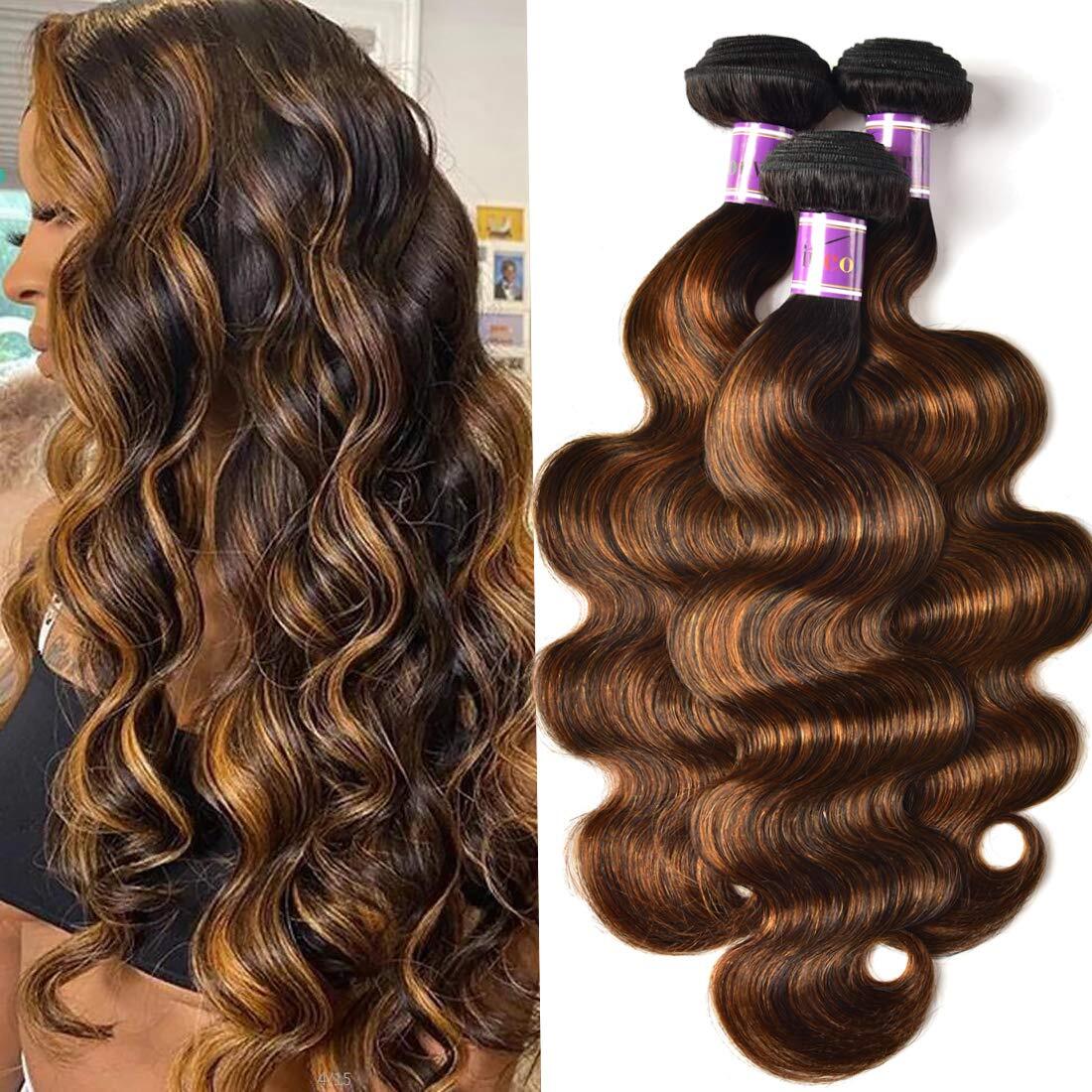 Amazon.com : UNice Brown Highlight Body Wave Human Hair Weave 3 Bundles ...